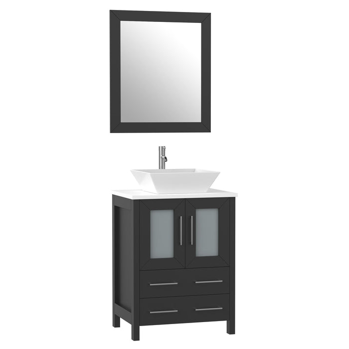 Ravenna 24" Single Sink Bathroom Vanity Combo Set, 2-Drawers, Single Shelf, Single Cabinet White Engineered Marble Top and Ceramic Vessel Sink Bathroom Cabinet with Mirror - HomeBeyond