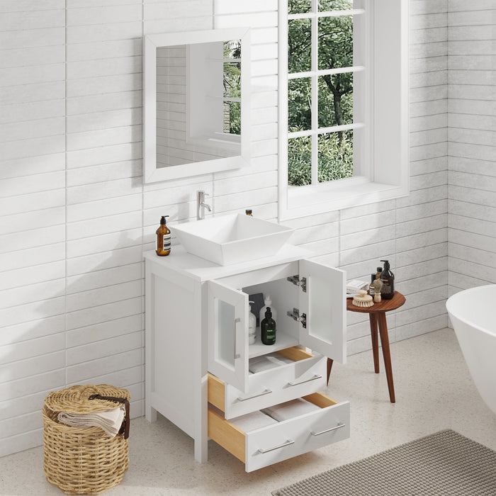 Ravenna 24" Single Sink Bathroom Vanity Combo Set, 2-Drawers, Single Shelf, Single Cabinet White Engineered Marble Top and Ceramic Vessel Sink Bathroom Cabinet with Mirror - HomeBeyond