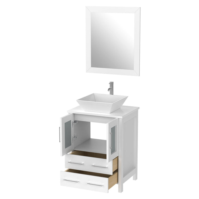 Ravenna 24" Single Sink Bathroom Vanity Combo Set, 2-Drawers, Single Shelf, Single Cabinet White Engineered Marble Top and Ceramic Vessel Sink Bathroom Cabinet with Mirror - HomeBeyond