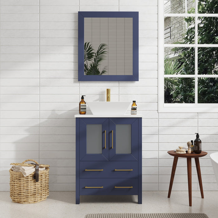 Ravenna 24" Single Sink Bathroom Vanity Combo Set, 2-Drawers, Single Shelf, Single Cabinet White Engineered Marble Top and Ceramic Vessel Sink Bathroom Cabinet with Mirror - HomeBeyond