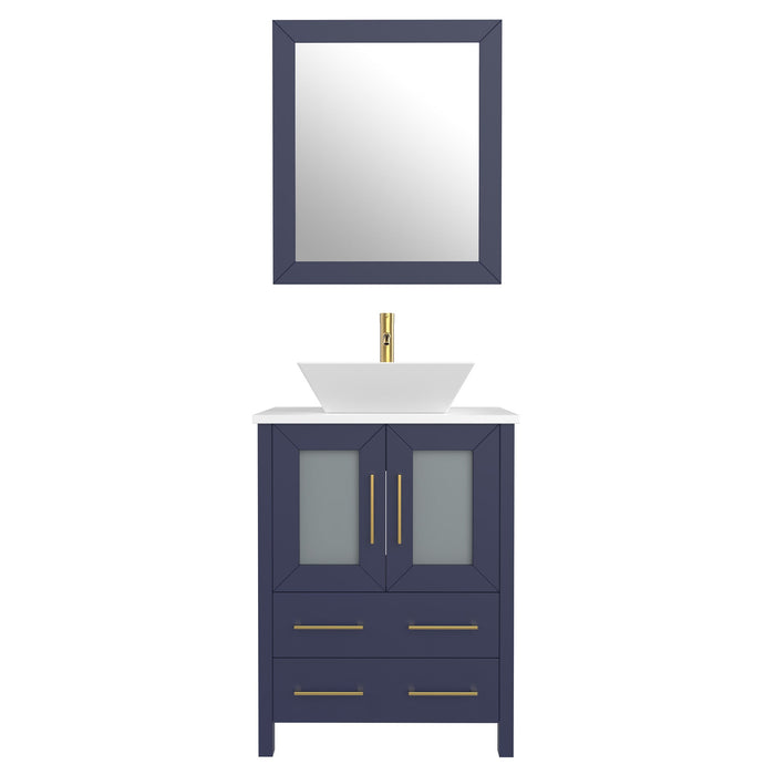 Ravenna 24" Single Sink Bathroom Vanity Combo Set, 2-Drawers, Single Shelf, Single Cabinet White Engineered Marble Top and Ceramic Vessel Sink Bathroom Cabinet with Mirror - HomeBeyond