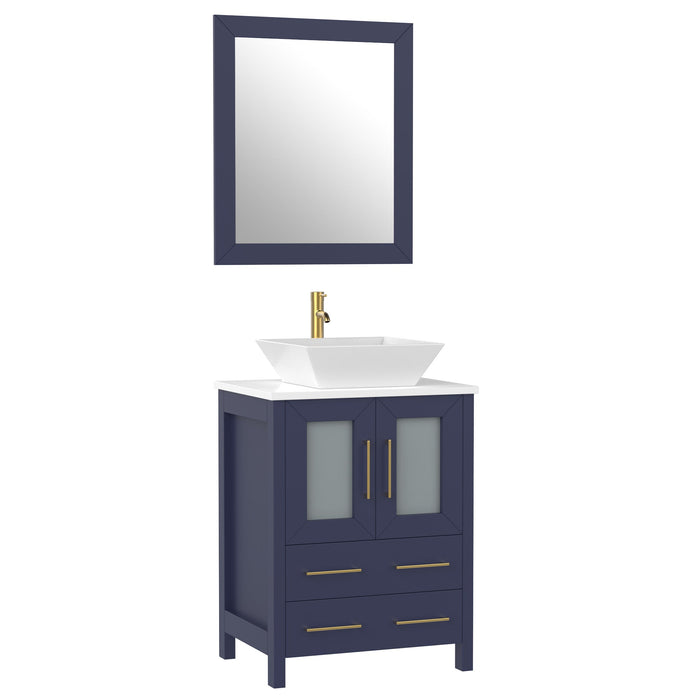 Ravenna 24" Single Sink Bathroom Vanity Combo Set, 2-Drawers, Single Shelf, Single Cabinet White Engineered Marble Top and Ceramic Vessel Sink Bathroom Cabinet with Mirror - HomeBeyond