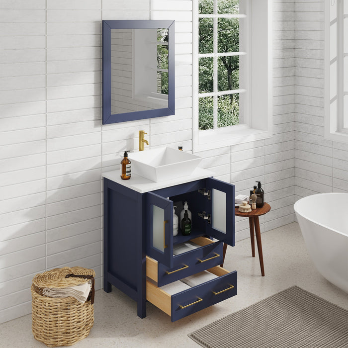 Ravenna 24" Single Sink Bathroom Vanity Combo Set, 2-Drawers, Single Shelf, Single Cabinet White Engineered Marble Top and Ceramic Vessel Sink Bathroom Cabinet with Mirror - HomeBeyond