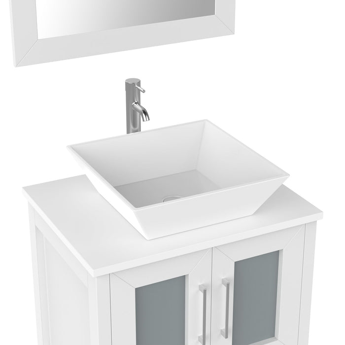 Ravenna 24" Single Sink Bathroom Vanity Combo Set, 2-Drawers, Single Shelf, Single Cabinet White Engineered Marble Top and Ceramic Vessel Sink Bathroom Cabinet with Mirror - HomeBeyond