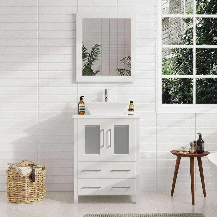 Ravenna 24" Single Sink Bathroom Vanity Combo Set, 2-Drawers, Single Shelf, Single Cabinet White Engineered Marble Top and Ceramic Vessel Sink Bathroom Cabinet with Mirror - HomeBeyond