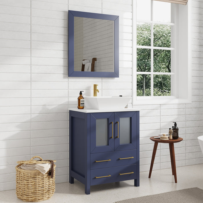 Ravenna 24" Single Sink Bathroom Vanity Combo Set, 2-Drawers, Single Shelf, Single Cabinet White Engineered Marble Top and Ceramic Vessel Sink Bathroom Cabinet with Mirror - HomeBeyond