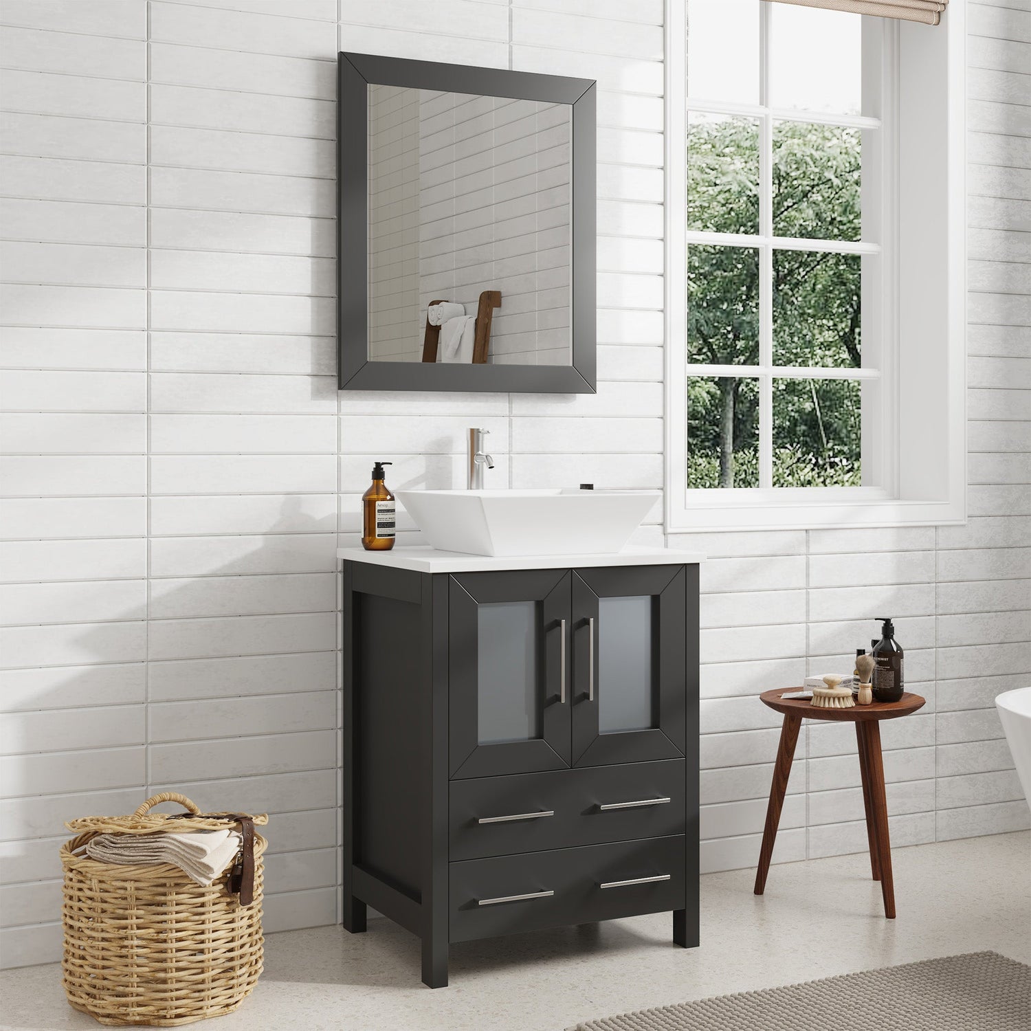 Ravenna 24" Single Sink Bathroom Vanity Combo Set, 2-Drawers, Single Shelf, Single Cabinet White Engineered Marble Top and Ceramic Vessel Sink Bathroom Cabinet with Mirror - HomeBeyond