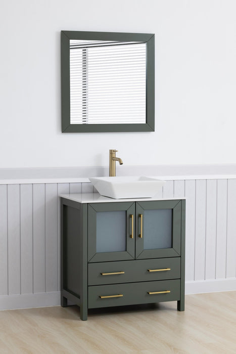 Ravenna 30" Single Sink Small Bathroom Vanity Set, 2 Drawers 1 Shelf Engineered Marble Top and Ceramic Vessel Sink Bathroom Cabinet with Mirror - HomeBeyond