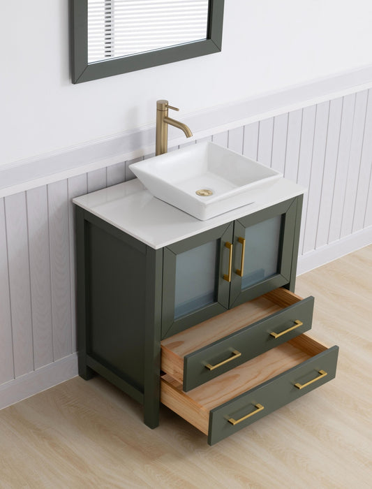 Ravenna 30" Single Sink Small Bathroom Vanity Set, 2 Drawers 1 Shelf Engineered Marble Top and Ceramic Vessel Sink Bathroom Cabinet with Mirror - HomeBeyond