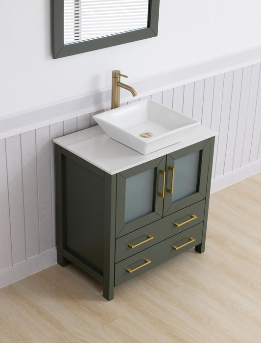Ravenna 30" Single Sink Small Bathroom Vanity Set, 2 Drawers 1 Shelf Engineered Marble Top and Ceramic Vessel Sink Bathroom Cabinet with Mirror - HomeBeyond