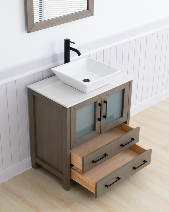 Ravenna 30" Single Sink Small Bathroom Vanity Set, 2 Drawers 1 Shelf Engineered Marble Top and Ceramic Vessel Sink Bathroom Cabinet with Mirror - HomeBeyond