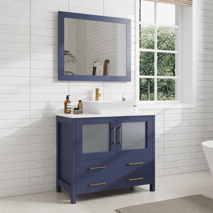 Ravenna 36" Single Sink Bathroom Vanity Combo Set, 2 Drawers 1 Shelf Single Cabinet White Engineered Marble Top and Ceramic Sink Bathroom Cabinet with Free Mirror - HomeBeyond