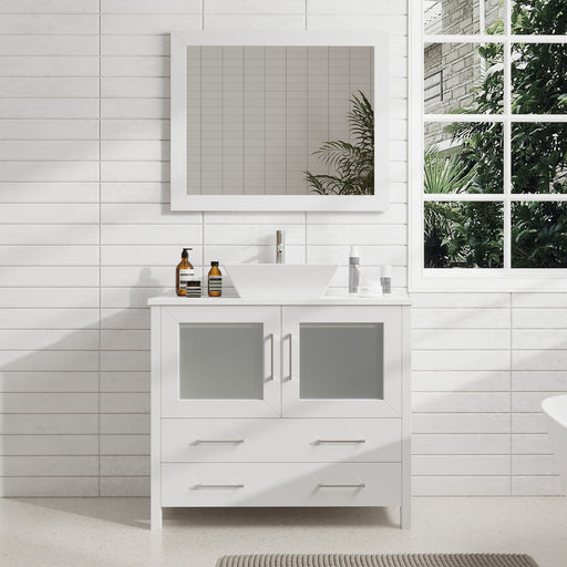 Ravenna 36" Single Sink Bathroom Vanity Combo Set, 2 Drawers 1 Shelf Single Cabinet White Engineered Marble Top and Ceramic Sink Bathroom Cabinet with Free Mirror - HomeBeyond