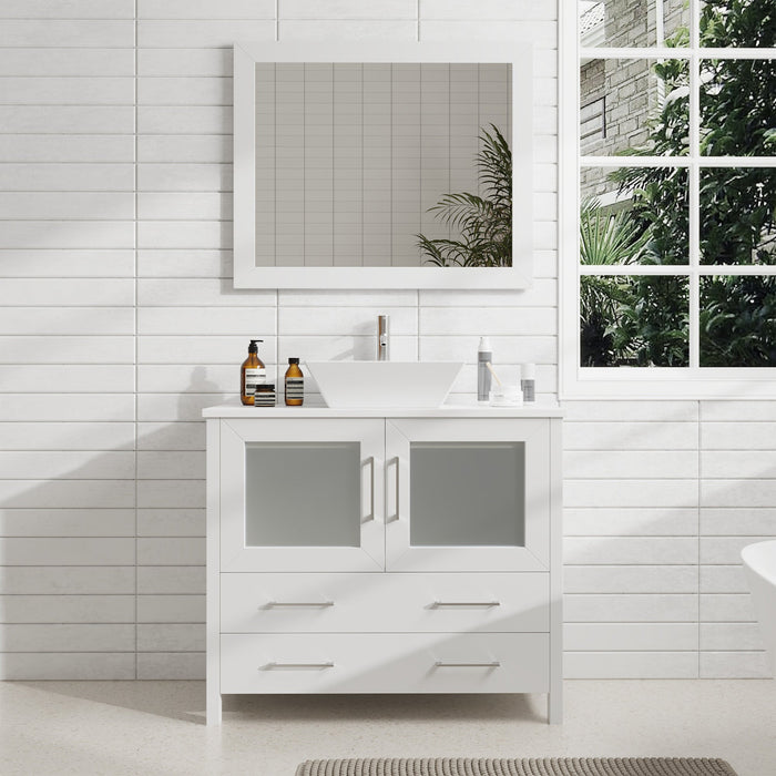 Ravenna 36" Single Sink Bathroom Vanity Combo Set, 2 Drawers 1 Shelf Single Cabinet White Engineered Marble Top and Ceramic Sink Bathroom Cabinet with Free Mirror - HomeBeyond