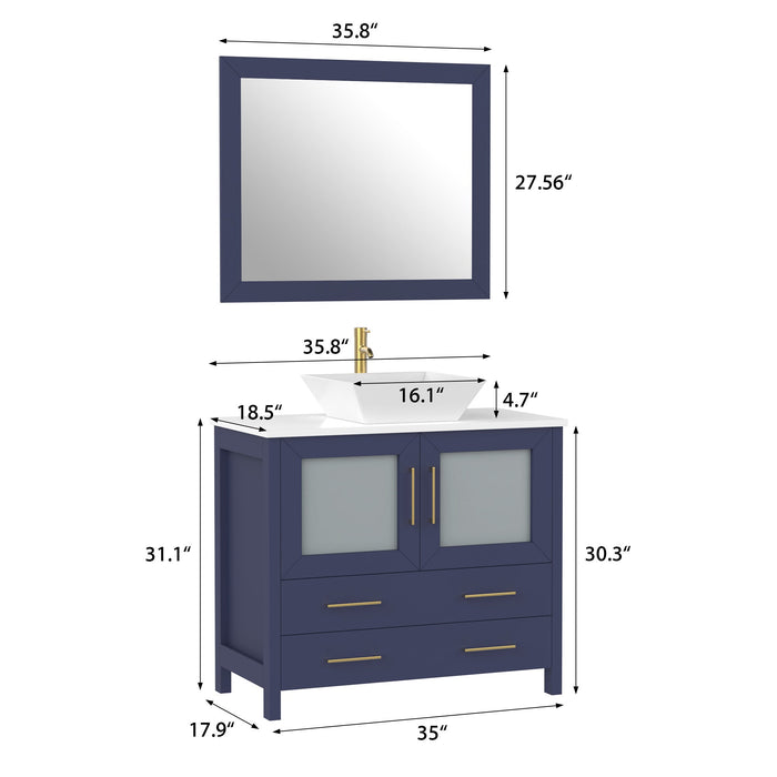 Ravenna 36" Single Sink Bathroom Vanity Combo Set, 2 Drawers 1 Shelf Single Cabinet White Engineered Marble Top and Ceramic Sink Bathroom Cabinet with Free Mirror - HomeBeyond