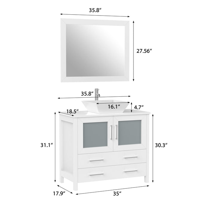 Ravenna 36" Single Sink Bathroom Vanity Combo Set, 2 Drawers 1 Shelf Single Cabinet White Engineered Marble Top and Ceramic Sink Bathroom Cabinet with Free Mirror - HomeBeyond