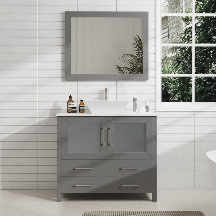 Ravenna 36" Single Sink Bathroom Vanity Combo Set, 2 Drawers 1 Shelf Single Cabinet White Engineered Marble Top and Ceramic Sink Bathroom Cabinet with Free Mirror - HomeBeyond