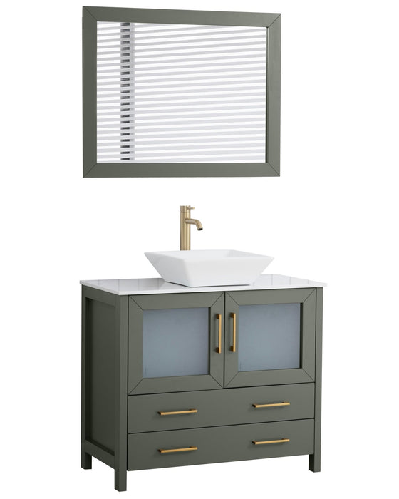 Ravenna 36" Single Sink Bathroom Vanity Combo Set, 2 Drawers 1 Shelf Single Cabinet White Engineered Marble Top and Ceramic Sink Bathroom Cabinet with Free Mirror - HomeBeyond