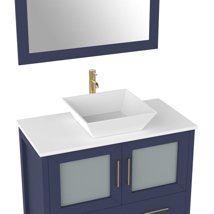 Ravenna 36" Single Sink Bathroom Vanity Combo Set, 2 Drawers 1 Shelf Single Cabinet White Engineered Marble Top and Ceramic Sink Bathroom Cabinet with Free Mirror - HomeBeyond