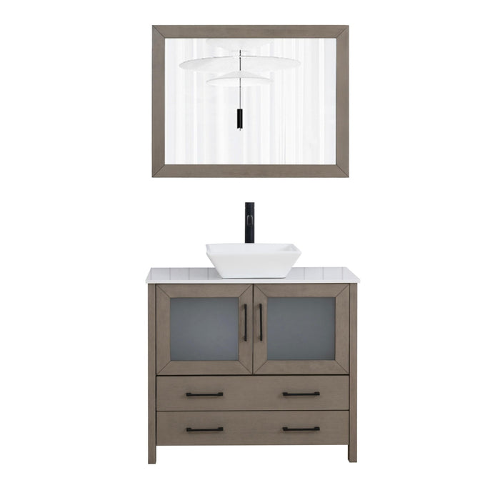Ravenna 36" Single Sink Bathroom Vanity Combo Set, 2 Drawers 1 Shelf Single Cabinet White Engineered Marble Top and Ceramic Sink Bathroom Cabinet with Free Mirror - HomeBeyond