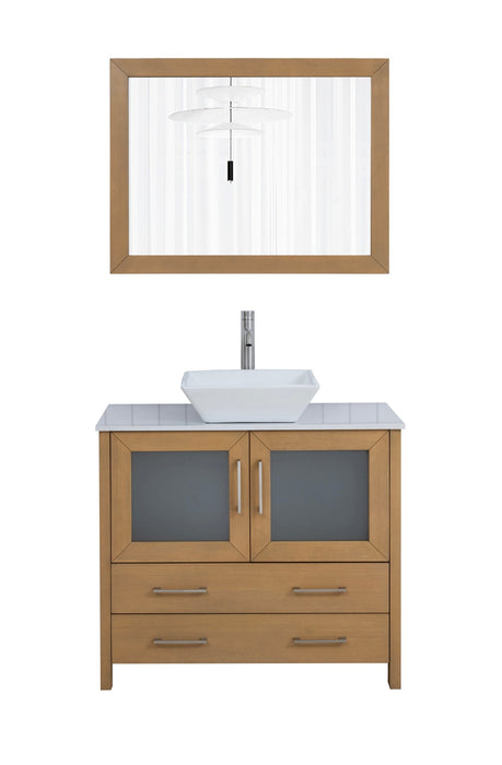 Ravenna 36" Single Sink Bathroom Vanity Combo Set, 2 Drawers 1 Shelf Single Cabinet White Engineered Marble Top and Ceramic Sink Bathroom Cabinet with Free Mirror - HomeBeyond