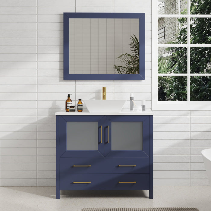 Ravenna 36" Single Sink Bathroom Vanity Combo Set, 2 Drawers 1 Shelf Single Cabinet White Engineered Marble Top and Ceramic Sink Bathroom Cabinet with Free Mirror - HomeBeyond