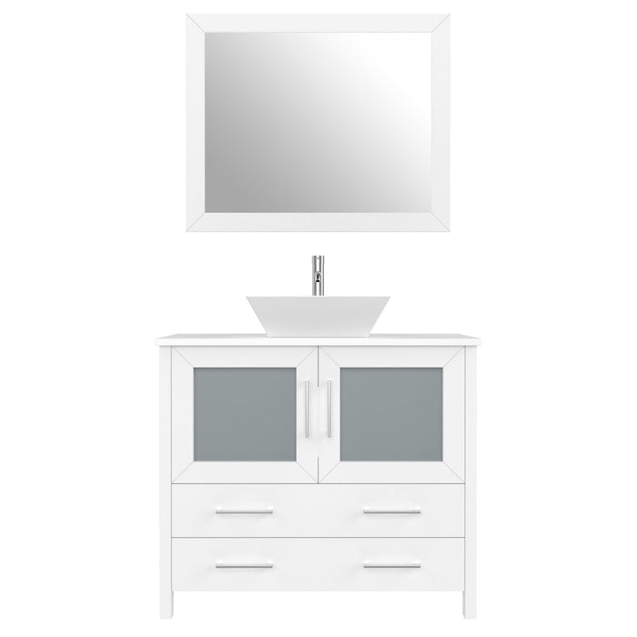 Ravenna 36" Single Sink Bathroom Vanity Combo Set, 2 Drawers 1 Shelf Single Cabinet White Engineered Marble Top and Ceramic Sink Bathroom Cabinet with Free Mirror - HomeBeyond