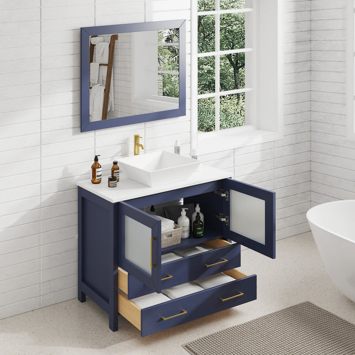Ravenna 36" Single Sink Bathroom Vanity Combo Set, 2 Drawers 1 Shelf Single Cabinet White Engineered Marble Top and Ceramic Sink Bathroom Cabinet with Free Mirror - HomeBeyond