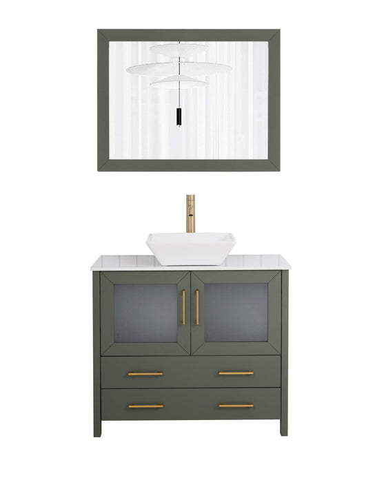 Ravenna 36" Single Sink Bathroom Vanity Combo Set, 2 Drawers 1 Shelf Single Cabinet White Engineered Marble Top and Ceramic Sink Bathroom Cabinet with Free Mirror - HomeBeyond