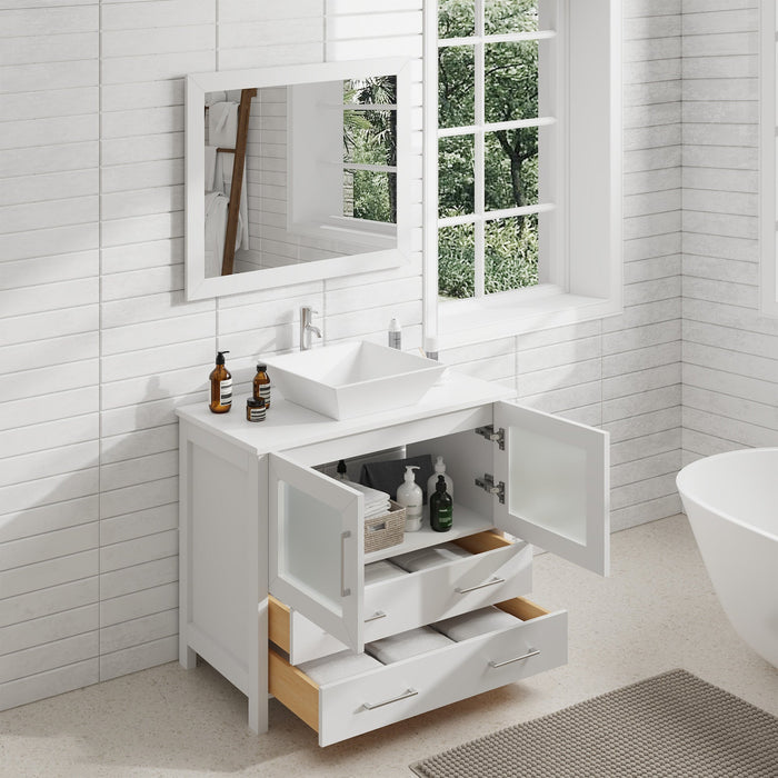 Ravenna 36" Single Sink Bathroom Vanity Combo Set, 2 Drawers 1 Shelf Single Cabinet White Engineered Marble Top and Ceramic Sink Bathroom Cabinet with Free Mirror - HomeBeyond