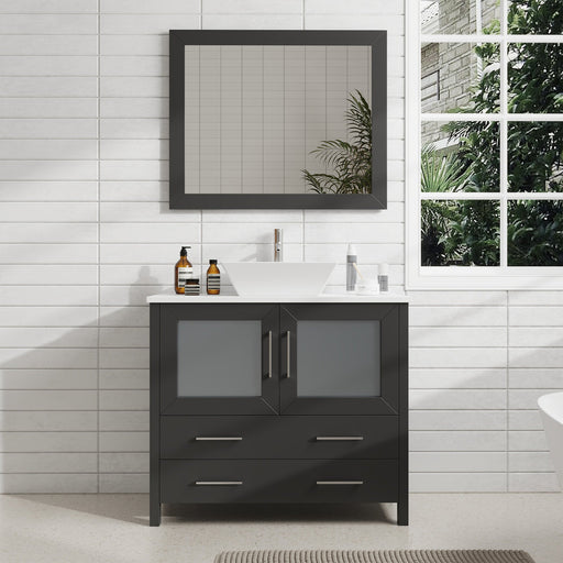 Ravenna 36" Single Sink Bathroom Vanity Combo Set, 2 Drawers 1 Shelf Single Cabinet White Engineered Marble Top and Ceramic Sink Bathroom Cabinet with Free Mirror - HomeBeyond
