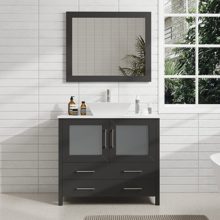 Ravenna 36" Single Sink Bathroom Vanity Combo Set, 2 Drawers 1 Shelf Single Cabinet White Engineered Marble Top and Ceramic Sink Bathroom Cabinet with Free Mirror - HomeBeyond