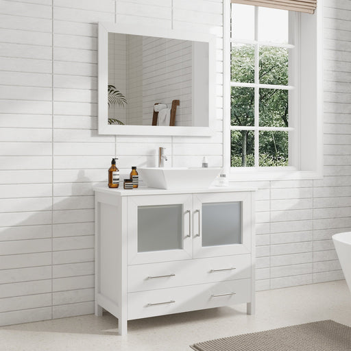 Ravenna 36" Single Sink Bathroom Vanity Combo Set, 2 Drawers 1 Shelf Single Cabinet White Engineered Marble Top and Ceramic Sink Bathroom Cabinet with Free Mirror - HomeBeyond