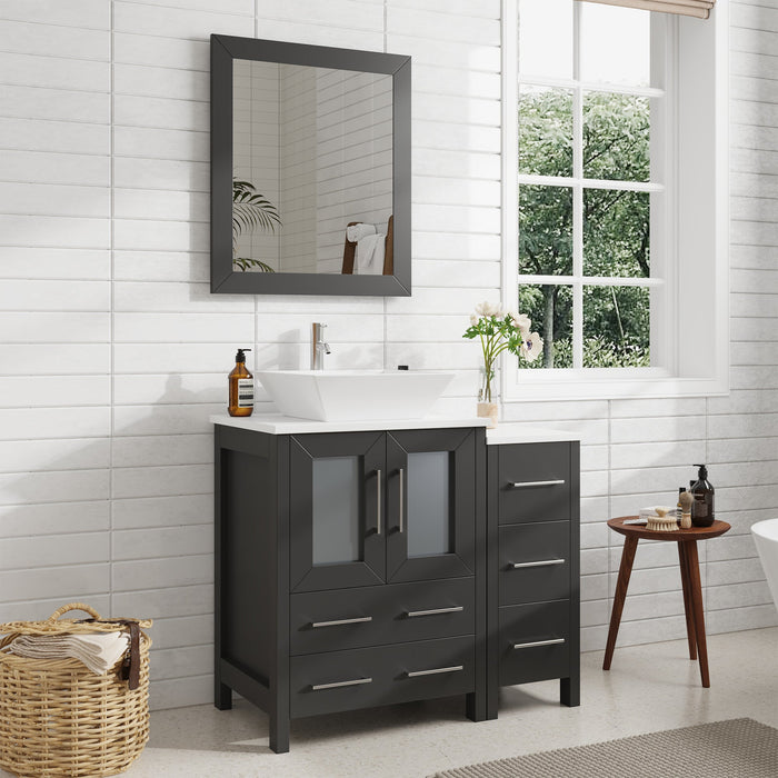 Ravenna 36" Single Sink Bathroom Vanity Combo Set, 5 Drawers 1 Shelf 2 Cabinet White Engineered Marble Top with Free Mirror - HomeBeyond