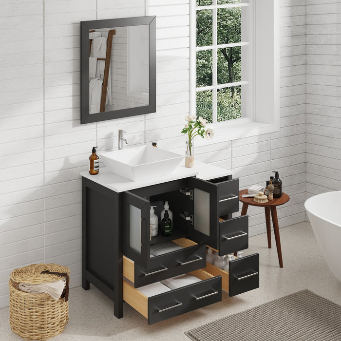 Ravenna 36" Single Sink Bathroom Vanity Combo Set, 5 Drawers 1 Shelf 2 Cabinet White Engineered Marble Top with Free Mirror - HomeBeyond