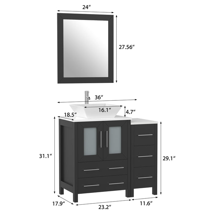 Ravenna 36" Single Sink Bathroom Vanity Combo Set, 5 Drawers 1 Shelf 2 Cabinet White Engineered Marble Top with Free Mirror - HomeBeyond