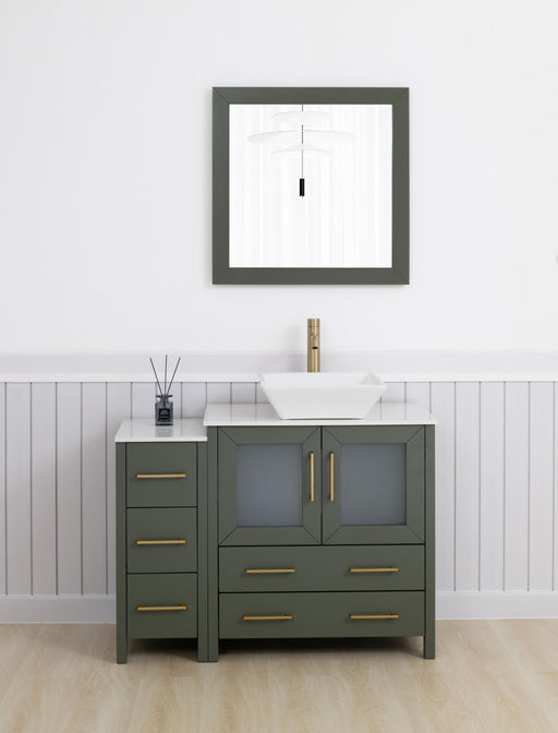 Ravenna 42" Single Sink Bathroom Vanity Combo Set, 5 Drawers 1 Shelf 2 Cabinet White Engineered Marble Top and Ceramic Vessel Sink Bathroom Cabinet with Free Mirror - HomeBeyond