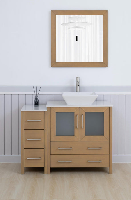 Ravenna 42" Single Sink Bathroom Vanity Combo Set, 5 Drawers 1 Shelf 2 Cabinet White Engineered Marble Top and Ceramic Vessel Sink Bathroom Cabinet with Free Mirror - HomeBeyond