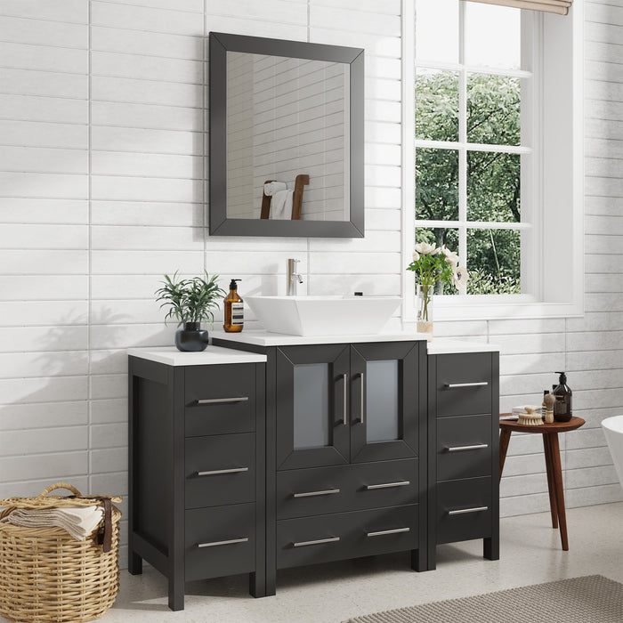 Ravenna 48" Single Sink Bathroom Vanity Combo Set, 8-Drawers, 1-Shelf, 3 Cabinet White Engineered Marble Top and Ceramic Vessel Sink Bathroom Cabinet with Free Mirror - HomeBeyond
