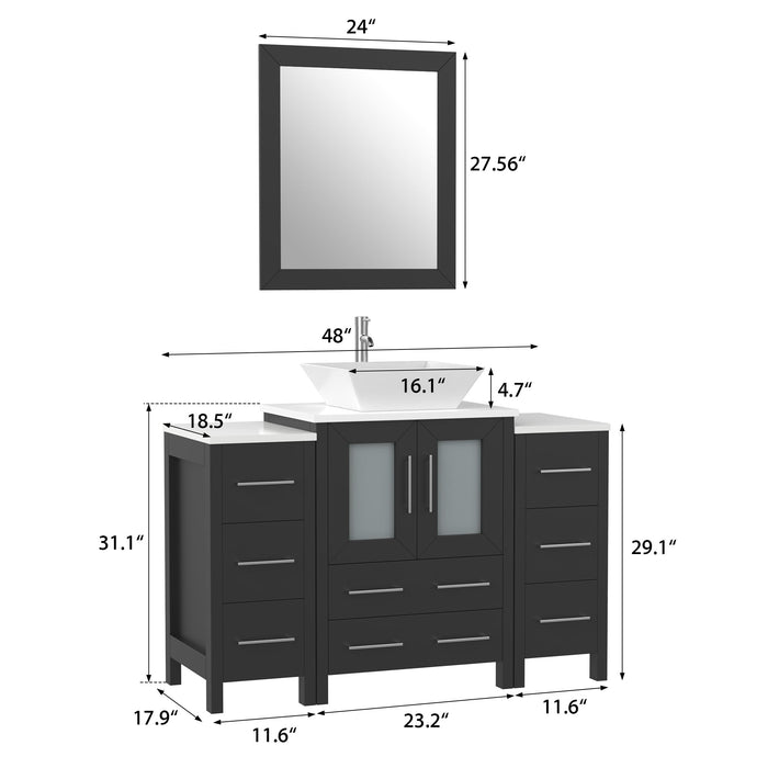 Ravenna 48" Single Sink Bathroom Vanity Combo Set, 8-Drawers, 1-Shelf, 3 Cabinet White Engineered Marble Top and Ceramic Vessel Sink Bathroom Cabinet with Free Mirror - HomeBeyond