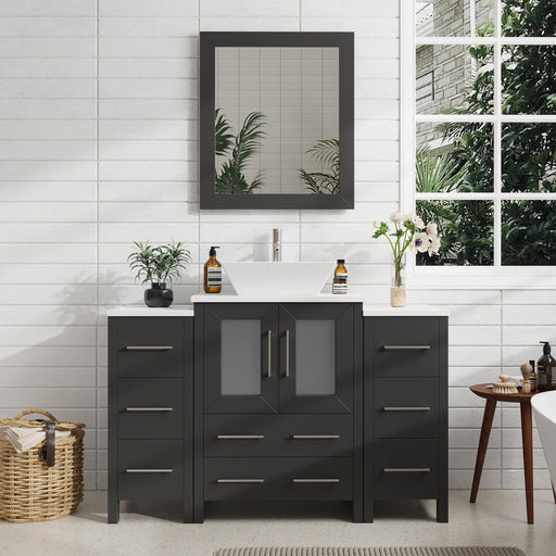 Ravenna 48" Single Sink Bathroom Vanity Combo Set, 8-Drawers, 1-Shelf, 3 Cabinet White Engineered Marble Top and Ceramic Vessel Sink Bathroom Cabinet with Free Mirror - HomeBeyond