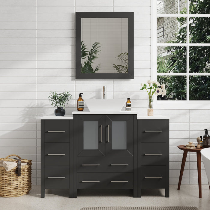 Ravenna 48" Single Sink Bathroom Vanity Combo Set, 8-Drawers, 1-Shelf, 3 Cabinet White Engineered Marble Top and Ceramic Vessel Sink Bathroom Cabinet with Free Mirror - HomeBeyond