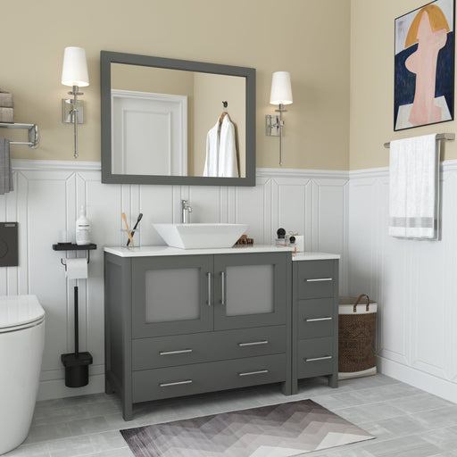 Ravenna 48-inch gray single sink bathroom vanity with chrome hardware, vessel sink, side cabinet and mirror in bathroom