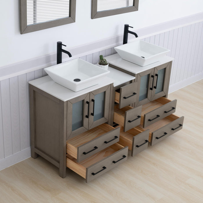 Ravenna 60" Double Sink Bathroom Vanity Combo Set, 7 Drawers 2 Shelves 3 Cabinets White Engineered Marble Top and Ceramic Vessel Sink Bathroom Cabinet with Free Mirrors - HomeBeyond
