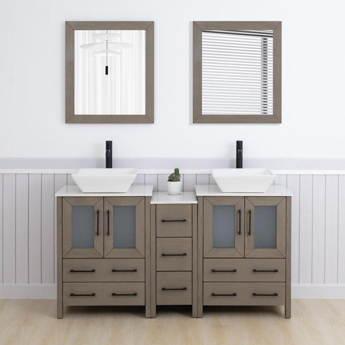Ravenna 60" Double Sink Bathroom Vanity Combo Set, 7 Drawers 2 Shelves 3 Cabinets White Engineered Marble Top and Ceramic Vessel Sink Bathroom Cabinet with Free Mirrors - HomeBeyond
