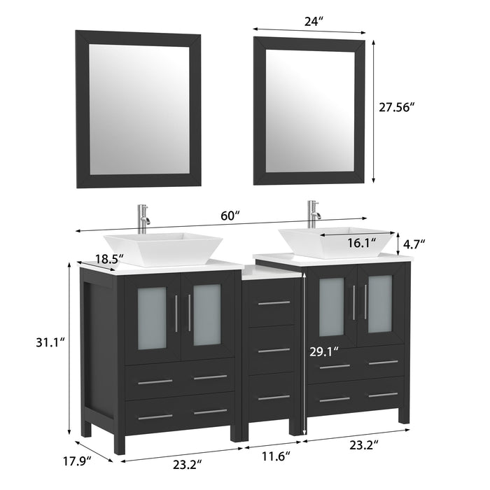 Ravenna 60" Double Sink Bathroom Vanity Combo Set, 7 Drawers 2 Shelves 3 Cabinets White Engineered Marble Top and Ceramic Vessel Sink Bathroom Cabinet with Free Mirrors - HomeBeyond