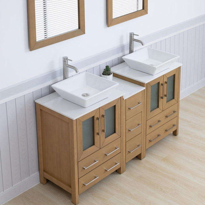 Ravenna 60" Double Sink Bathroom Vanity Combo Set, 7 Drawers 2 Shelves 3 Cabinets White Engineered Marble Top and Ceramic Vessel Sink Bathroom Cabinet with Free Mirrors - HomeBeyond