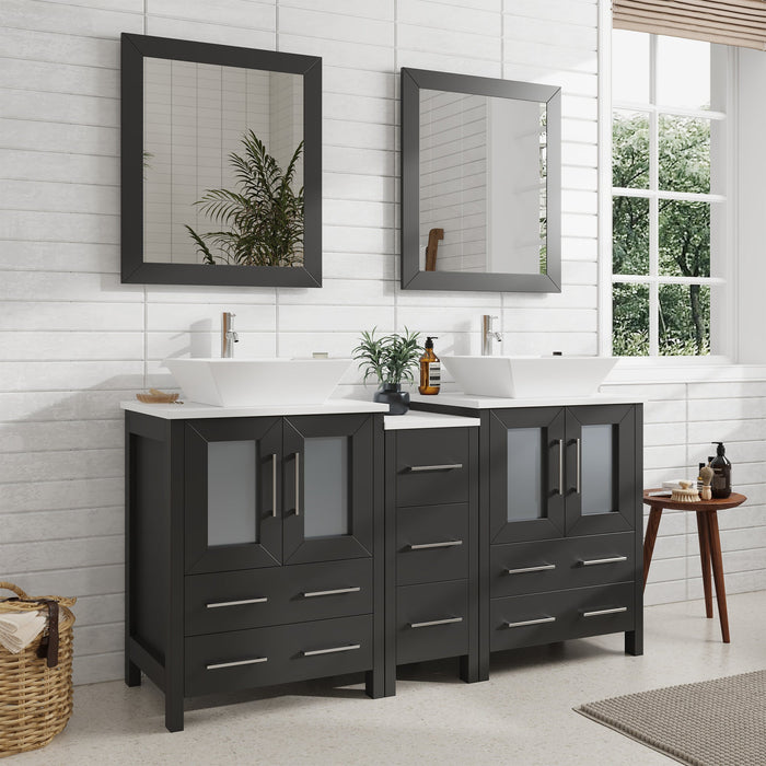 Ravenna 60" Double Sink Bathroom Vanity Combo Set, 7 Drawers 2 Shelves 3 Cabinets White Engineered Marble Top and Ceramic Vessel Sink Bathroom Cabinet with Free Mirrors - HomeBeyond