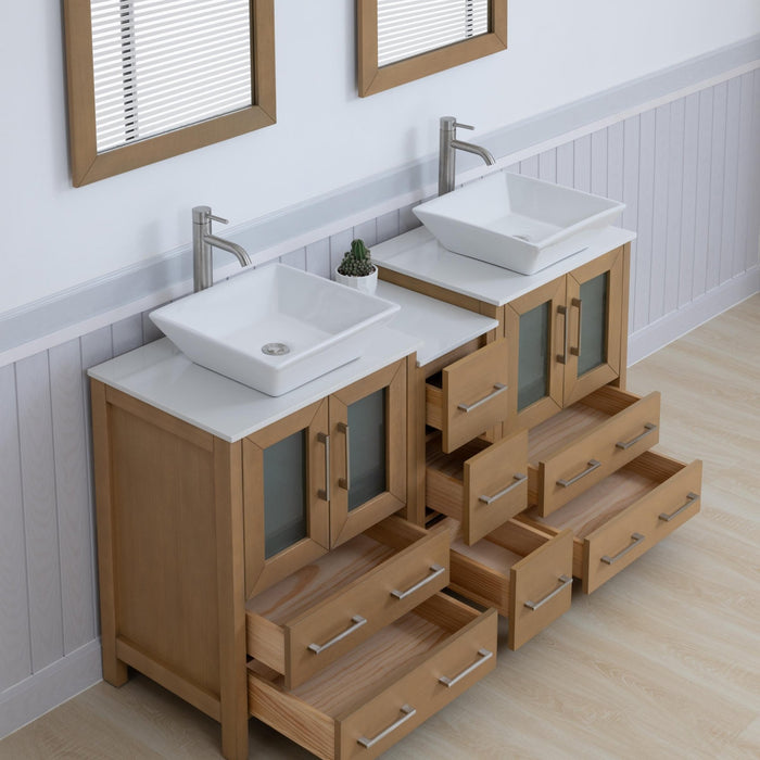 Ravenna 60" Double Sink Bathroom Vanity Combo Set, 7 Drawers 2 Shelves 3 Cabinets White Engineered Marble Top and Ceramic Vessel Sink Bathroom Cabinet with Free Mirrors - HomeBeyond