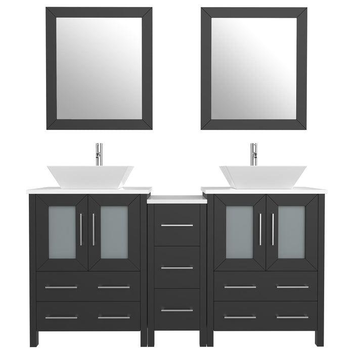 Ravenna 60" Double Sink Bathroom Vanity Combo Set, 7 Drawers 2 Shelves 3 Cabinets White Engineered Marble Top and Ceramic Vessel Sink Bathroom Cabinet with Free Mirrors - HomeBeyond